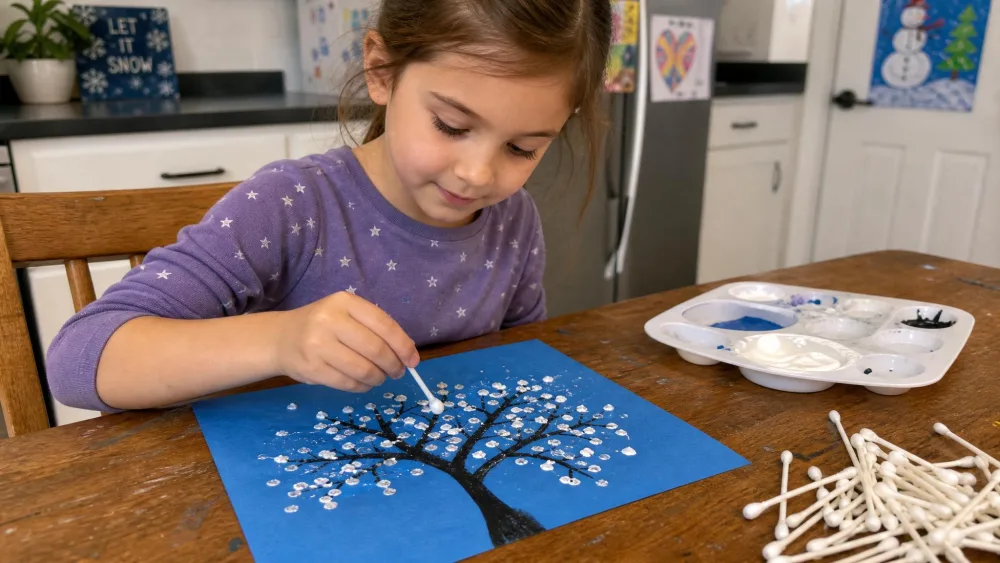 A child dabbing white paint with a cotton swab onto dark painted branches on blue paper to create a snowy winter tree, with a paint palette and scattered cotton swabs on the kitchen table.