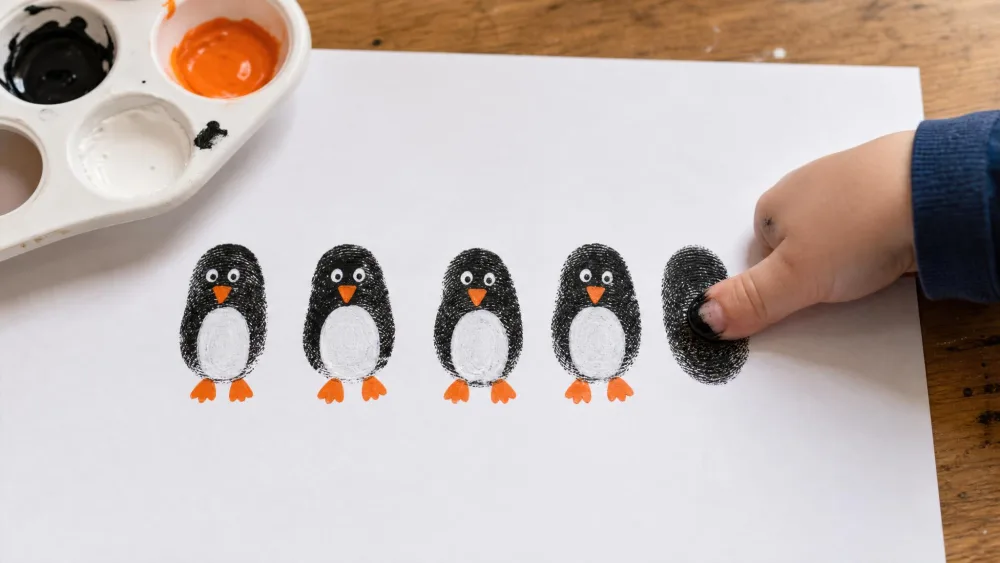 A child's thumb pressing black paint onto white paper to make a row of fingerprint penguins with orange feet and white bellies, a small paint palette beside the page.