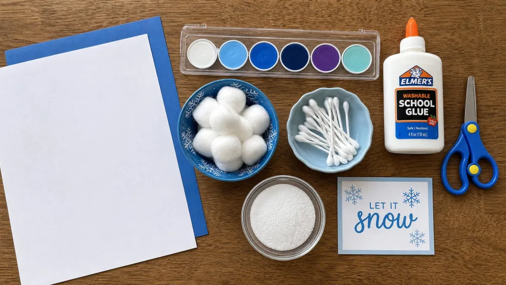 A flat-lay of simple winter art supplies on a kitchen table including white and blue paper, washable paint, cotton balls, Q-tips, glue, salt, and safety scissors ready for kids' projects.