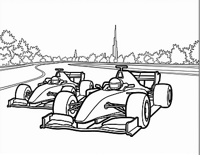 Two F1 race cars speed side by side on a winding track with a city skyline in the background.