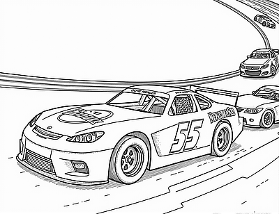 Several NASCAR style race cars speed around a curved racetrack in an intense competition.