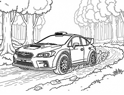 A rally car speeds along a winding dirt road through a dense forest.