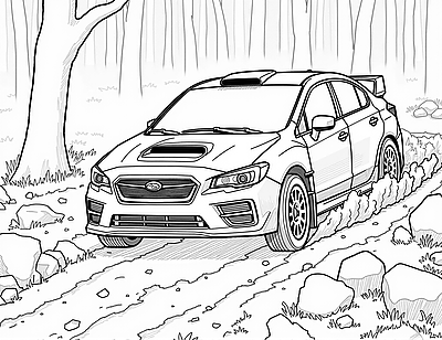 A rally car speeds along a rocky forest dirt road.