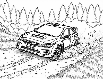A rally car speeds along a rugged dirt road through a forest, kicking up grass and pebbles.
