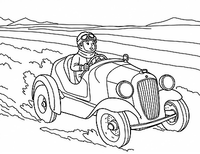 A man wearing goggles and a scarf is driving a vintage race car across an open landscape with mountains in the background.
