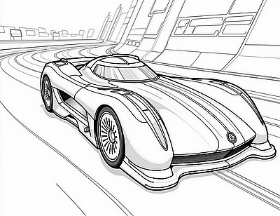 A futuristic race car speeds along a sleek, curving track in a modern cityscape.