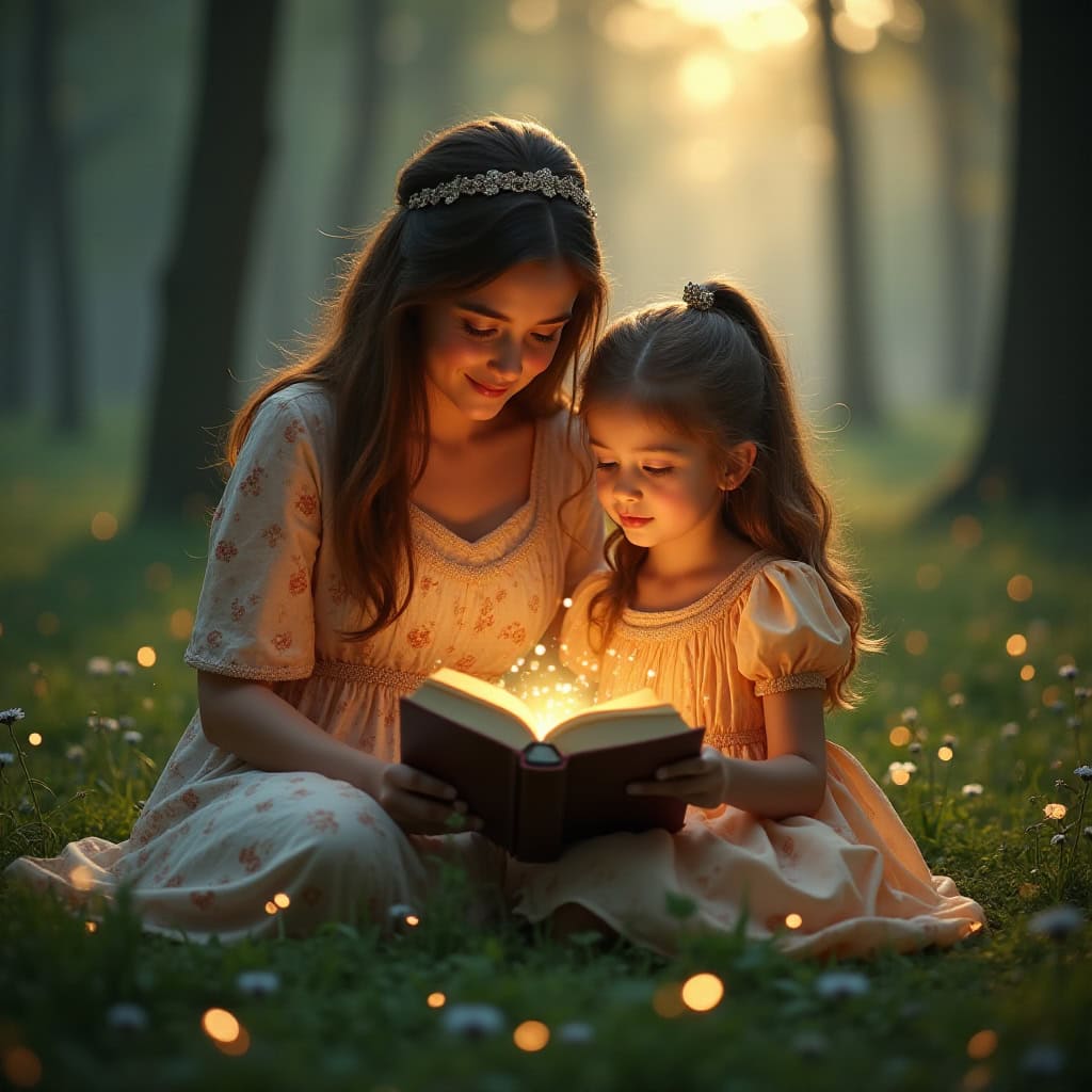 A happy child enjoying a story book with her mom