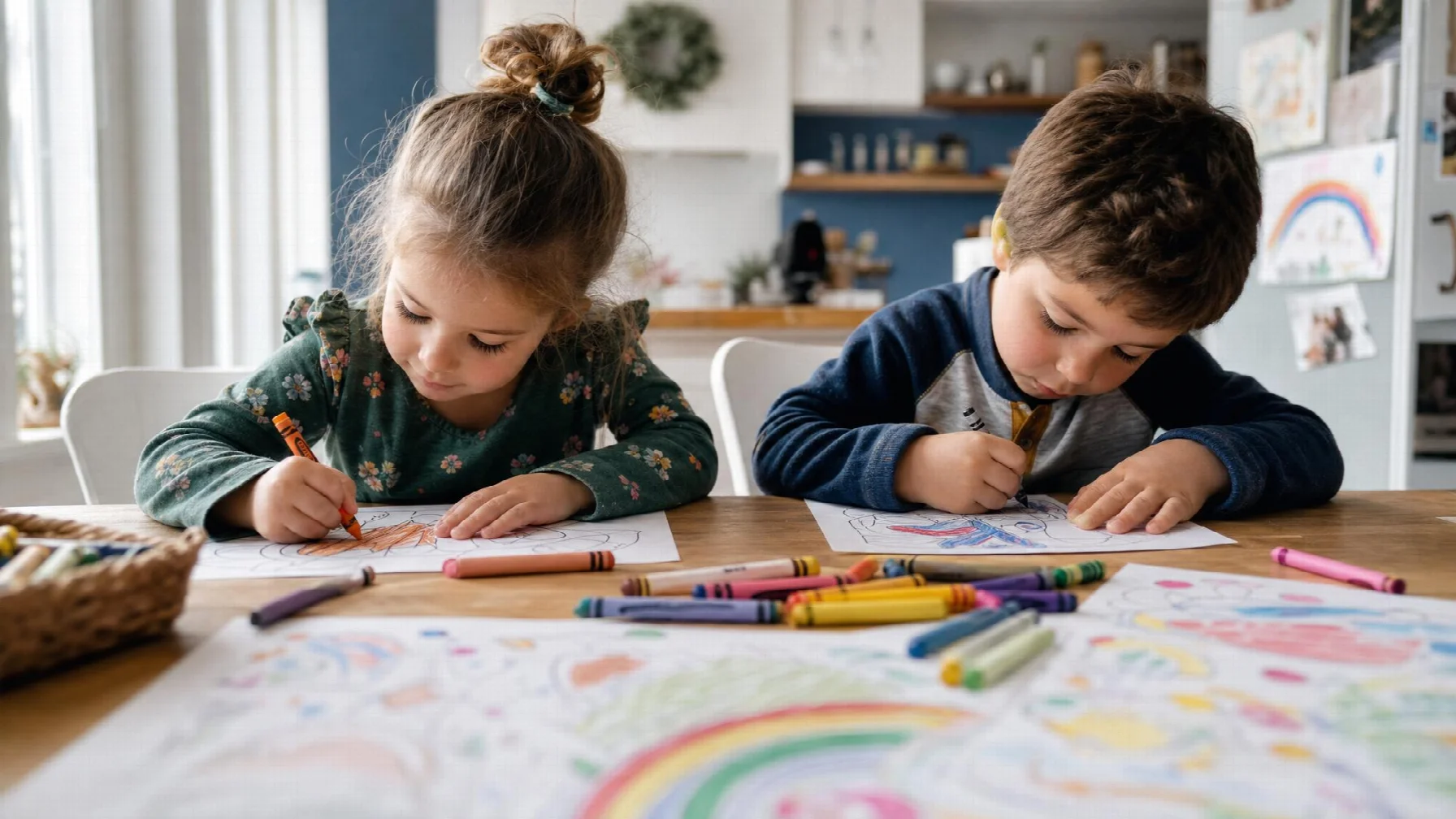 Children coloring printed activity pages with crayons at a kitchen table, hands mid-stroke
