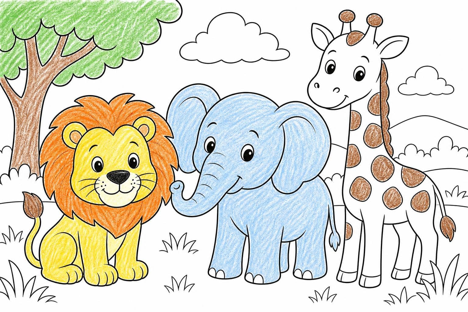 Colorful animal coloring page art — a friendly lion, elephant and giraffe