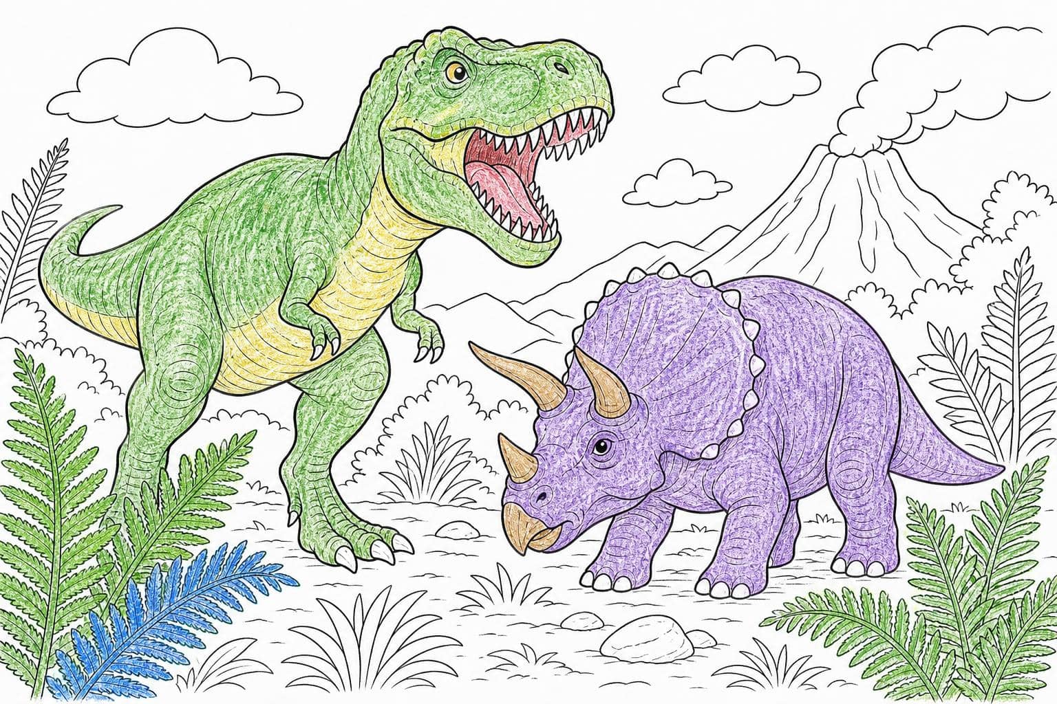 Playful dinosaur coloring page art — T-rex and triceratops among ferns