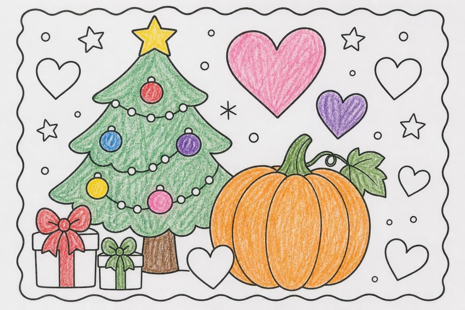 Festive holiday coloring page art — Christmas tree, pumpkin and hearts
