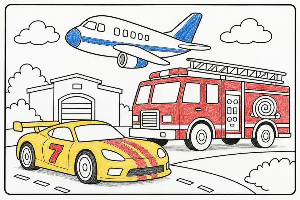 Bright vehicle coloring page art — race car, fire truck and airplane