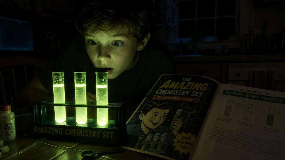 Three test tubes glowing pale green in a rack on a darkened kitchen table, a child's face lit by them, the Amazing Chemistry Set experiment guide open alongside.