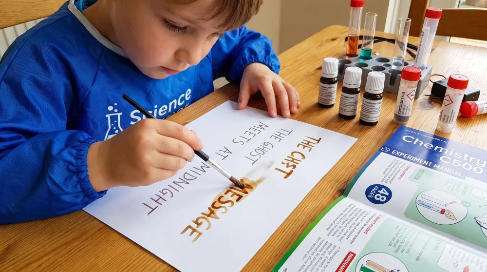 A handwritten invisible-ink message turning brown on white paper as a child brushes developer over it, the Chem C500 chemical bottles and 48-page manual beside the sheet.