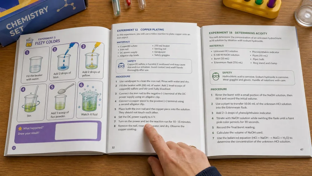 Three open chemistry set manuals side by side on a table, one picture-led for pre-readers and two text-heavy, with a parent's hand pointing at a numbered step.