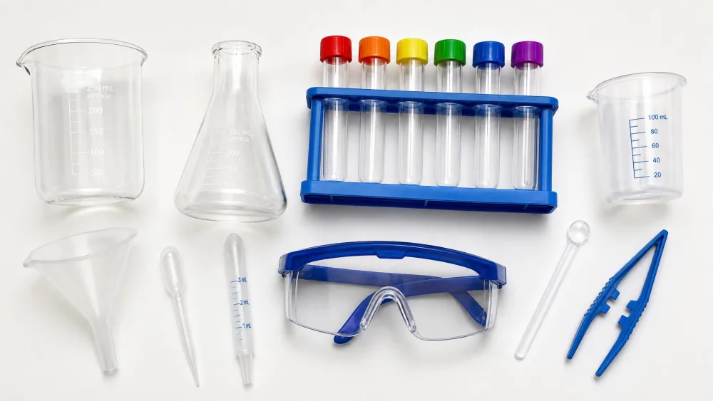 A flat lay of chemistry set lab tools on a white table, including glass-style beakers, plastic test tubes in a rack, pipettes, a funnel and child-sized safety goggles.