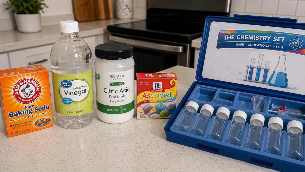 Baking soda, white vinegar, citric acid and food colouring lined up on a kitchen counter beside an open chemistry set tray with empty chemical bottles.