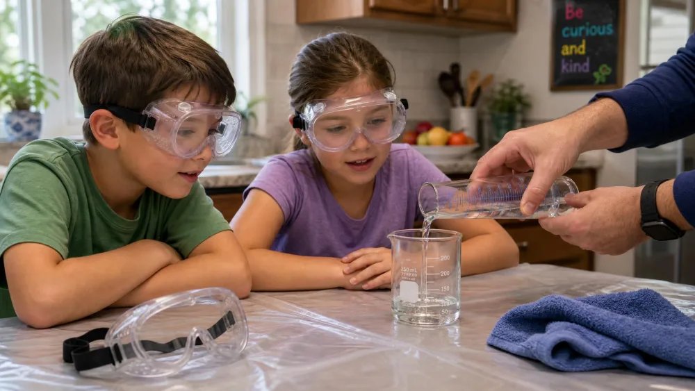 Two children wearing safety goggles at a covered kitchen table, an adult's hands pouring a measured liquid into a beaker between them, spare goggles and a towel nearby.