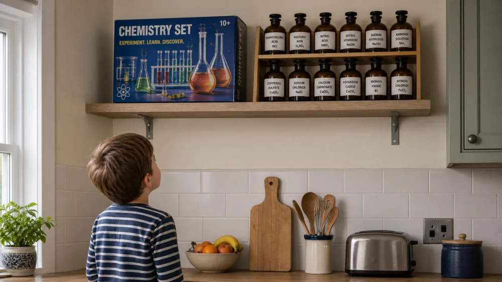 A chemistry set box and a rack of labelled chemical bottles stored on a high shelf above a kitchen worktop, out of reach of a small child standing below.