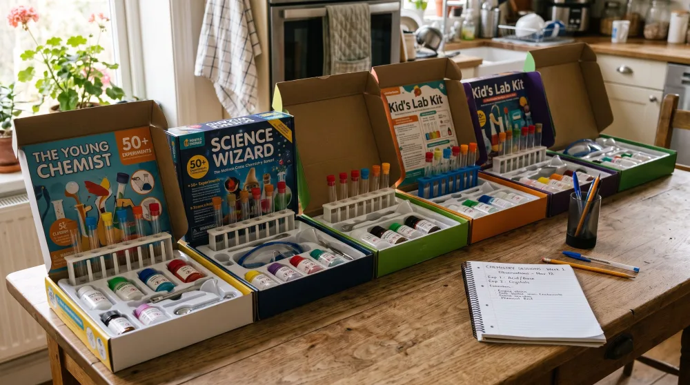 Eight children's chemistry sets lined up open on a wooden kitchen table, test tubes and labelled chemical bottles visible in each tray, with a parent's notebook beside them.