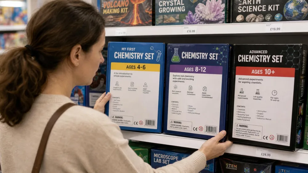 A parent comparing the age labels on the back of three chemistry set boxes on a shop shelf, the 4-6, 8-12 and 10-plus bands visible on the packaging.