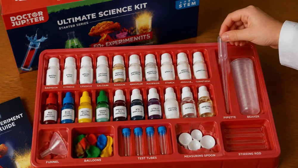 The Doctor Jupiter Ultimate Science Experiments Kit tray open on a table showing rows of labelled ingredient bottles, with a child's hand lifting a pipette from the tray.