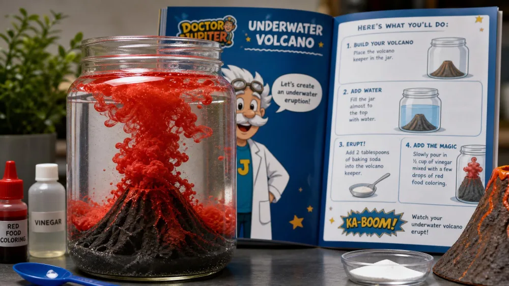 An underwater volcano experiment in a clear glass jar, red coloured water billowing upward, with the Doctor Jupiter illustrated guide propped open behind it.