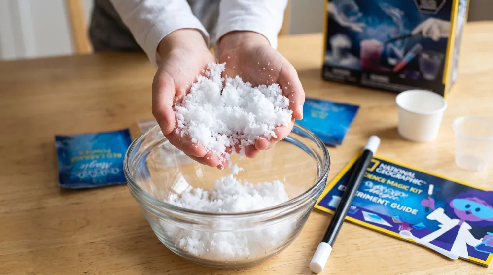 A child's cupped hands overflowing with white instant snow above a mixing bowl, the Magic Chemistry Set wand and instruction booklet on the table below.