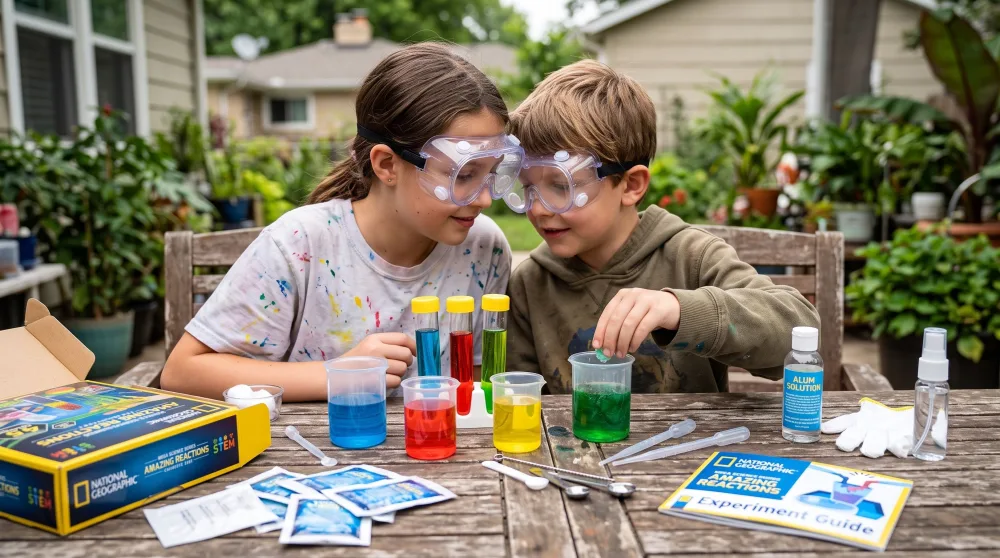 Two siblings sharing a single pair of safety goggles at a patio table covered with beakers and coloured liquids from the National Geographic 45-experiment set.