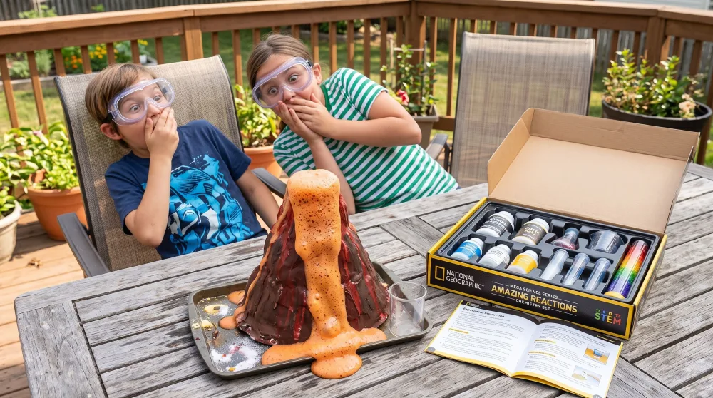 A model volcano erupting with orange foam on a patio table, two children in goggles leaning back, the National Geographic 45-experiment chemistry set box open beside them.