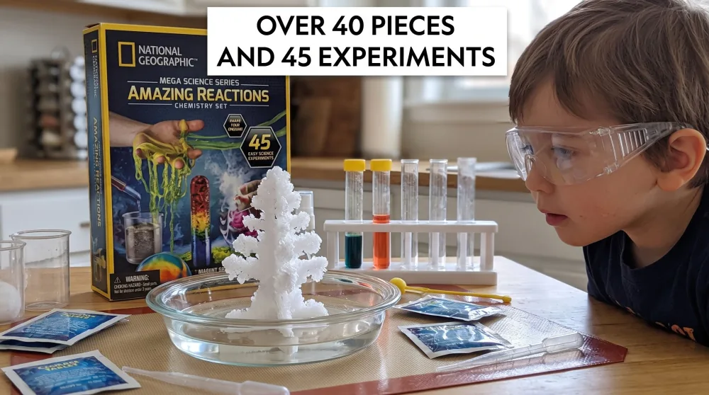 A child in safety goggles watching a white crystal tree grow in a shallow dish beside the open National Geographic Amazing Chemistry Set box, test tubes in a rack behind it.