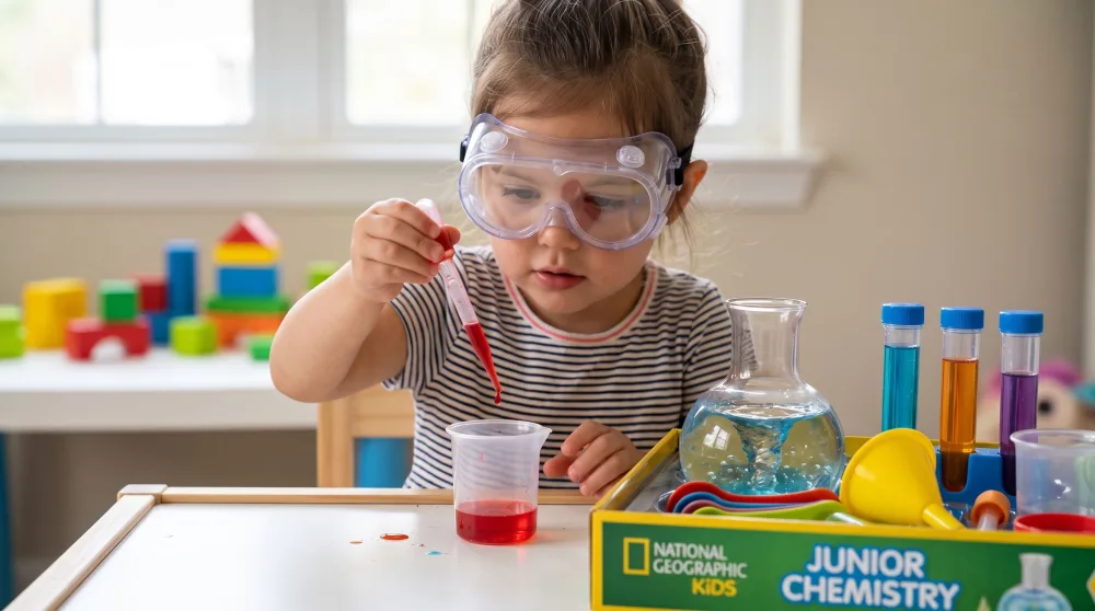 A four-year-old in child-sized goggles squeezing coloured liquid from a plastic dropper into a small beaker, the National Geographic Junior Chemistry Set tray of flasks and funnels beside her.