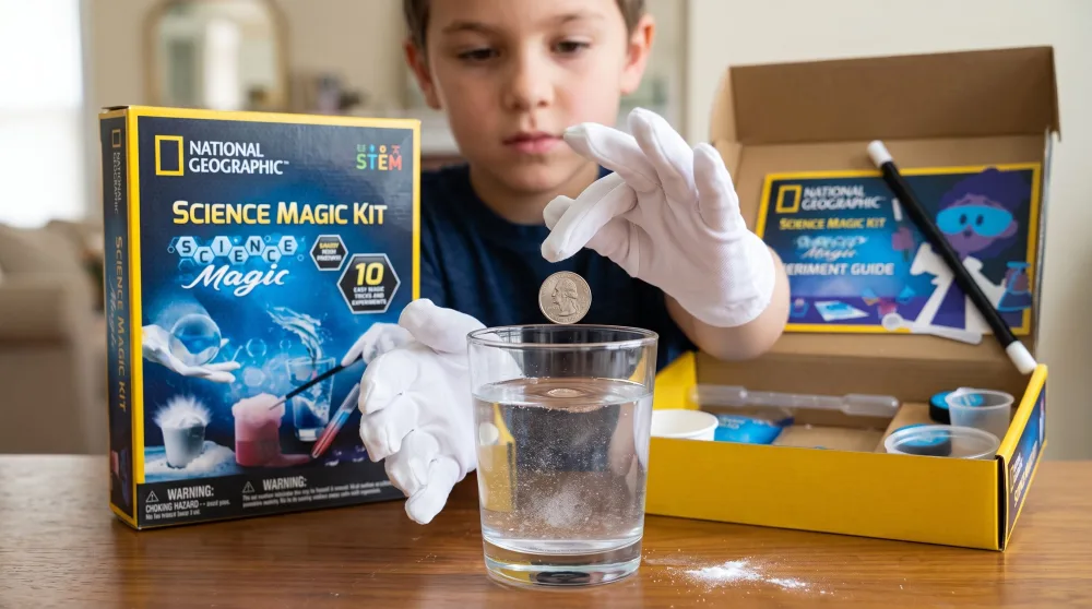 A child wearing white magician's gloves performing the floating coin trick over a glass of water, the National Geographic Magic Chemistry Set box and wand on the table behind.