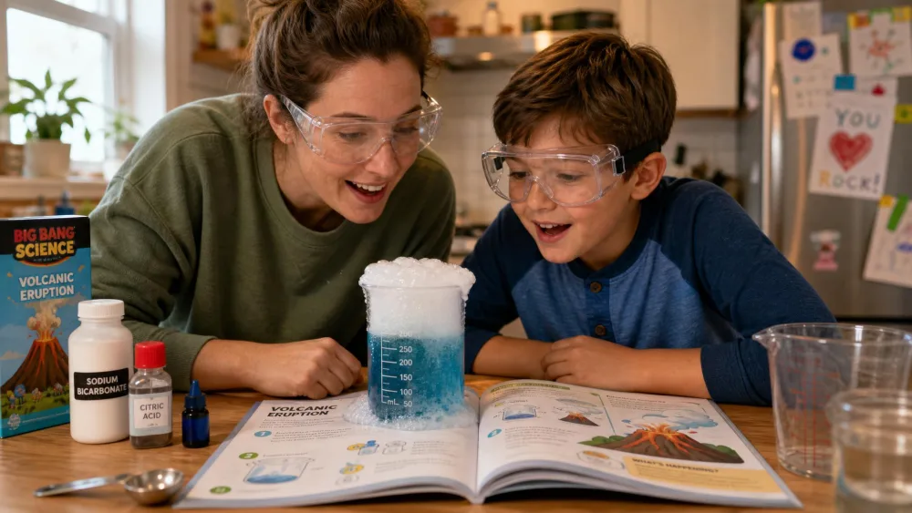 A parent and an eight-year-old in goggles leaning over a fizzing beaker together at a kitchen table, an open illustrated experiment manual between them.