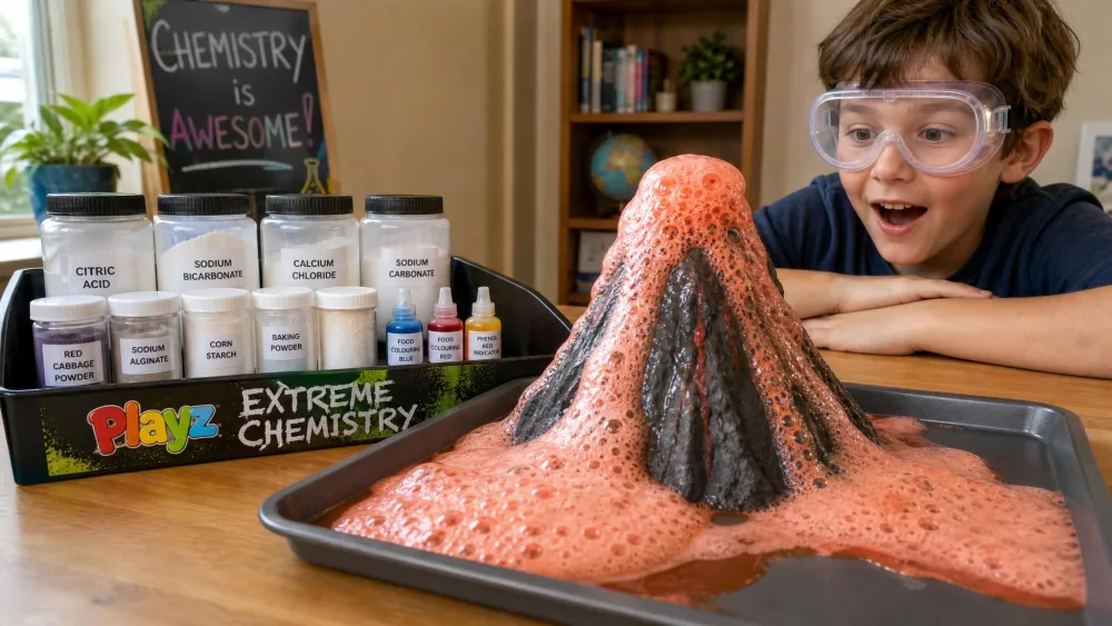 A foaming volcano overflowing onto a tray beside the Playz Extreme Chemistry storage tray of labelled containers, an eight-year-old in goggles watching from across the table.