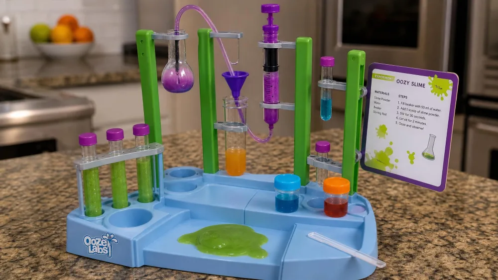 The blue Thames and Kosmos Ooze Labs moulded lab station on a kitchen counter with a printed experiment card clipped to the back and test tubes of green slime in the rack.