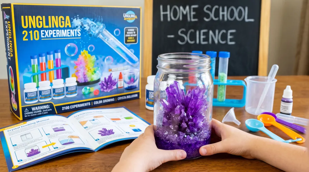 Purple crystals growing in a glass jar next to the UNGLINGA 210 Experiments Science Kit box and its colour manual, with a child's hands steadying the jar on a homeschool table.