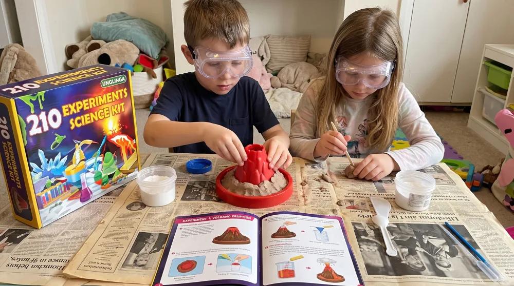 Two children in goggles packing modelling material around a plastic volcano cone from the UNGLINGA kit on newspaper, the colour manual open to the volcano page.