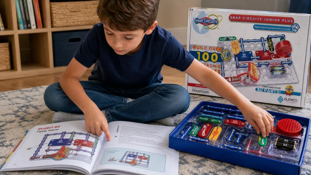 An eight-year-old sitting cross-legged on a rug tracing a numbered Snap Circuits wiring diagram in the open manual with one finger while reaching for a colour-coded snap part.