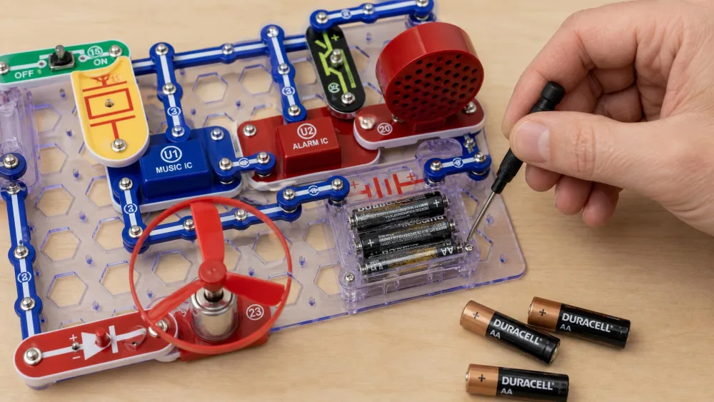 An adult hand tightening the small screw on the 4 AA battery compartment of a Snap Circuits base grid with a precision screwdriver, loose AA batteries on the table nearby.