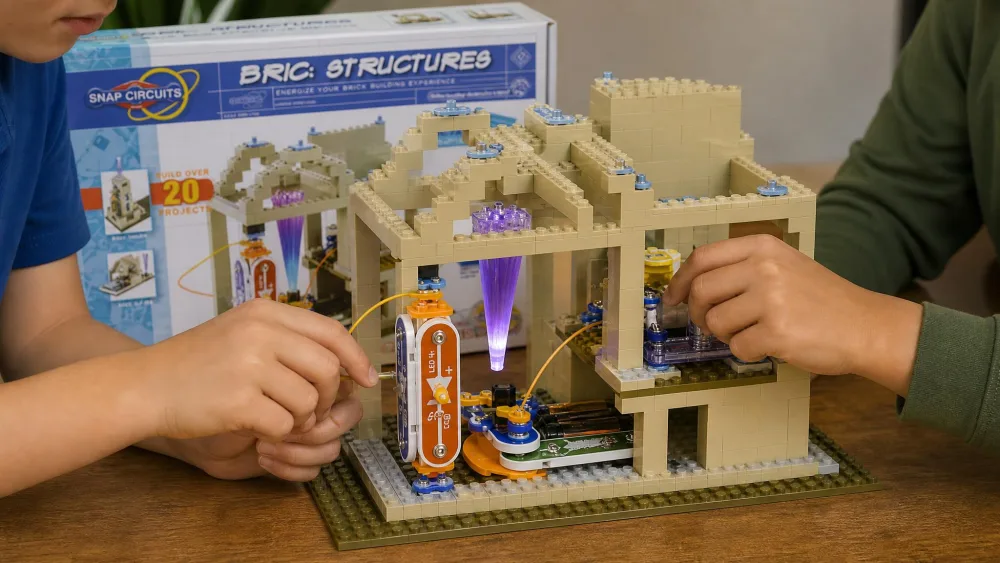 A brick-built tower on a Snap Circuits BRIC Structures base with a lit LED module wired inside it, two children's hands working on different sides of the same build.