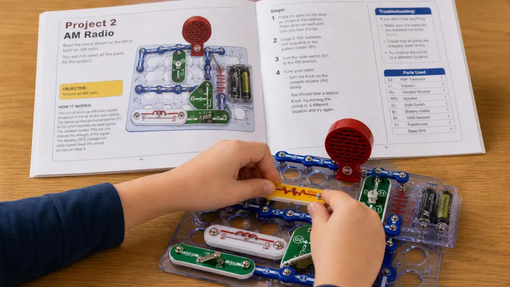 A child's hands pressing a snap component onto the blue Snap Circuits Classic SC-300 base grid, part way through an AM radio build, with the open full-colour project manual propped up behind it.