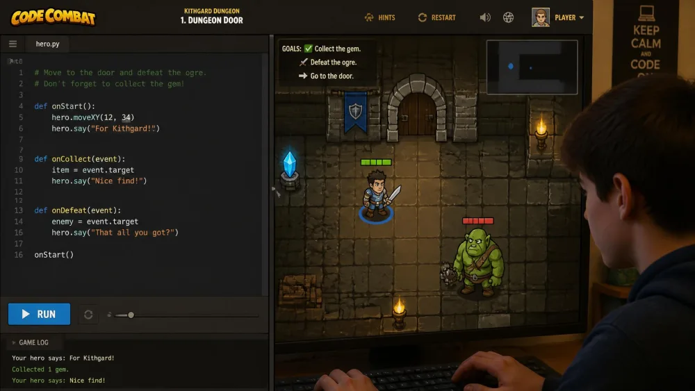 A teenager typing Python into the CodeCombat editor with a hero character on the level map.