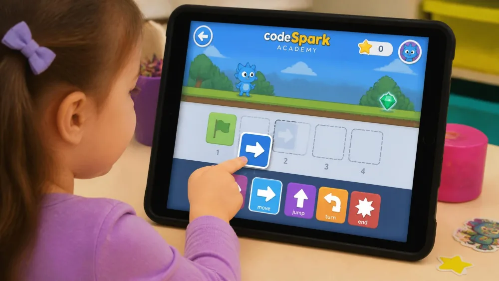 A four-year-old dragging picture command icons into a row in the codeSpark Academy app.