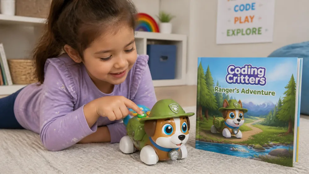 A preschooler pressing direction buttons on the Coding Critters Ranger dog beside the storybook.