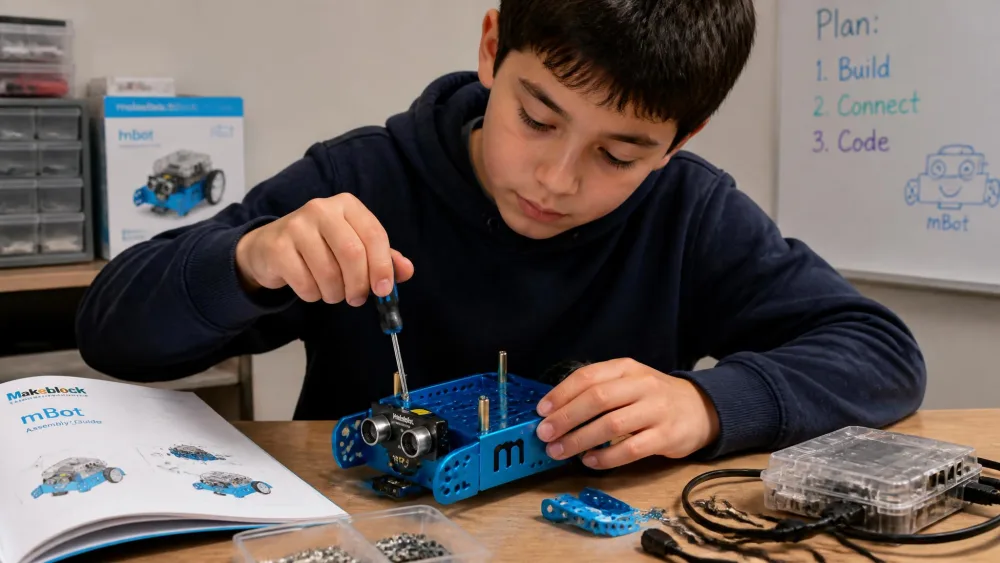 An eleven-year-old tightening a screw on a half-built Makeblock mBot chassis.