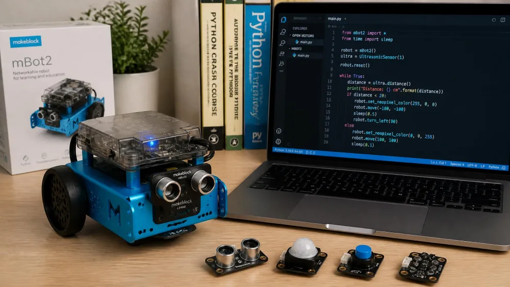 A built Makeblock mBot2 beside a laptop showing Python code and spare sensor modules.