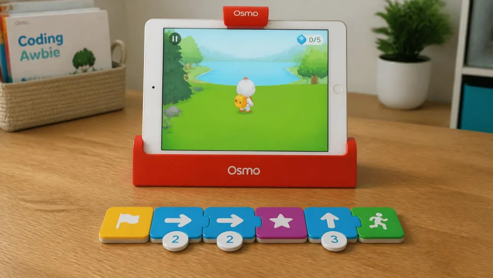 Osmo coding blocks laid in a sequence in front of an iPad in the red Osmo base.