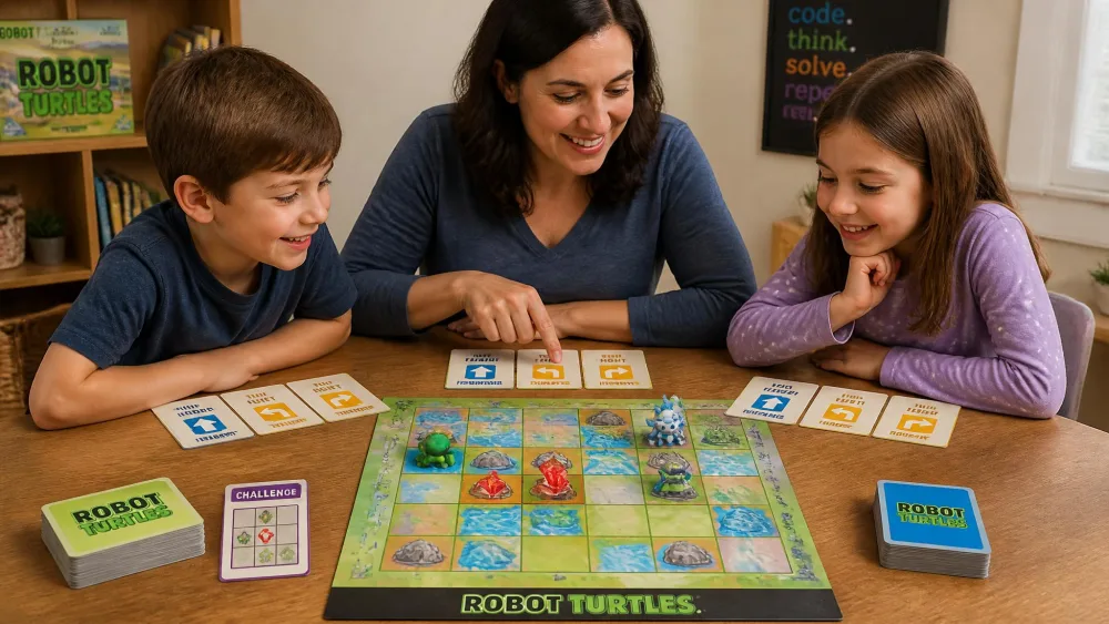 A parent and two children at the Robot Turtles board with instruction cards laid out.