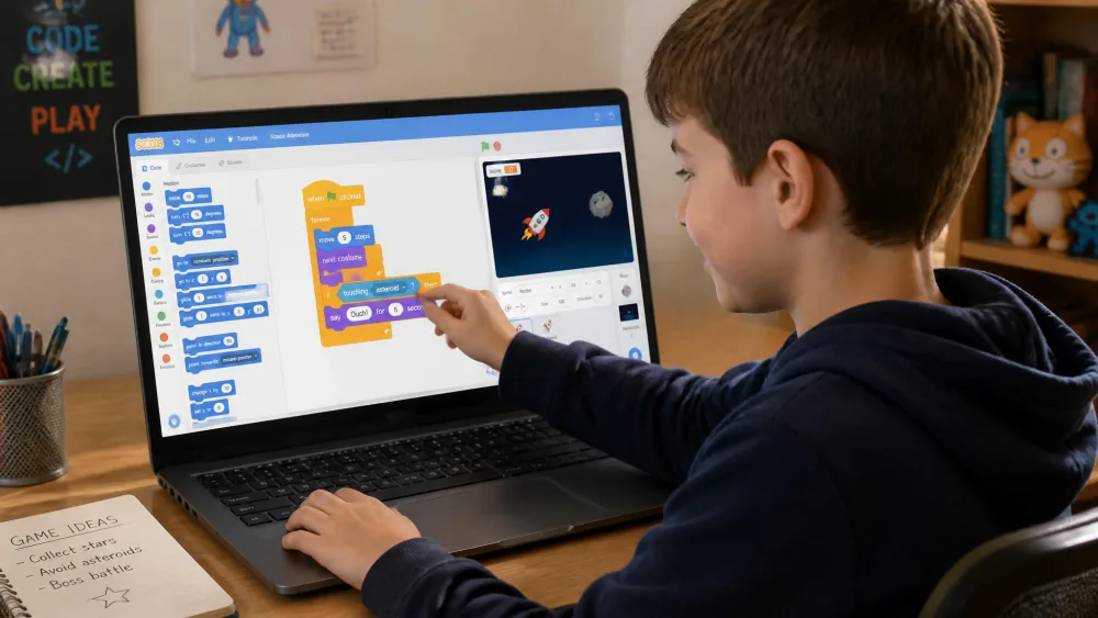 A nine-year-old at a laptop dragging Scratch blocks into a script for a sprite game.
